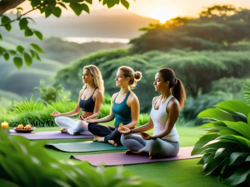 Retiro de yoga: alimentación consciente y armonía Un grupo de yoguis disfruta de una comida consciente en un entorno natural, irradiando paz y armonía en un retiro con dietas conscientes para yoguis