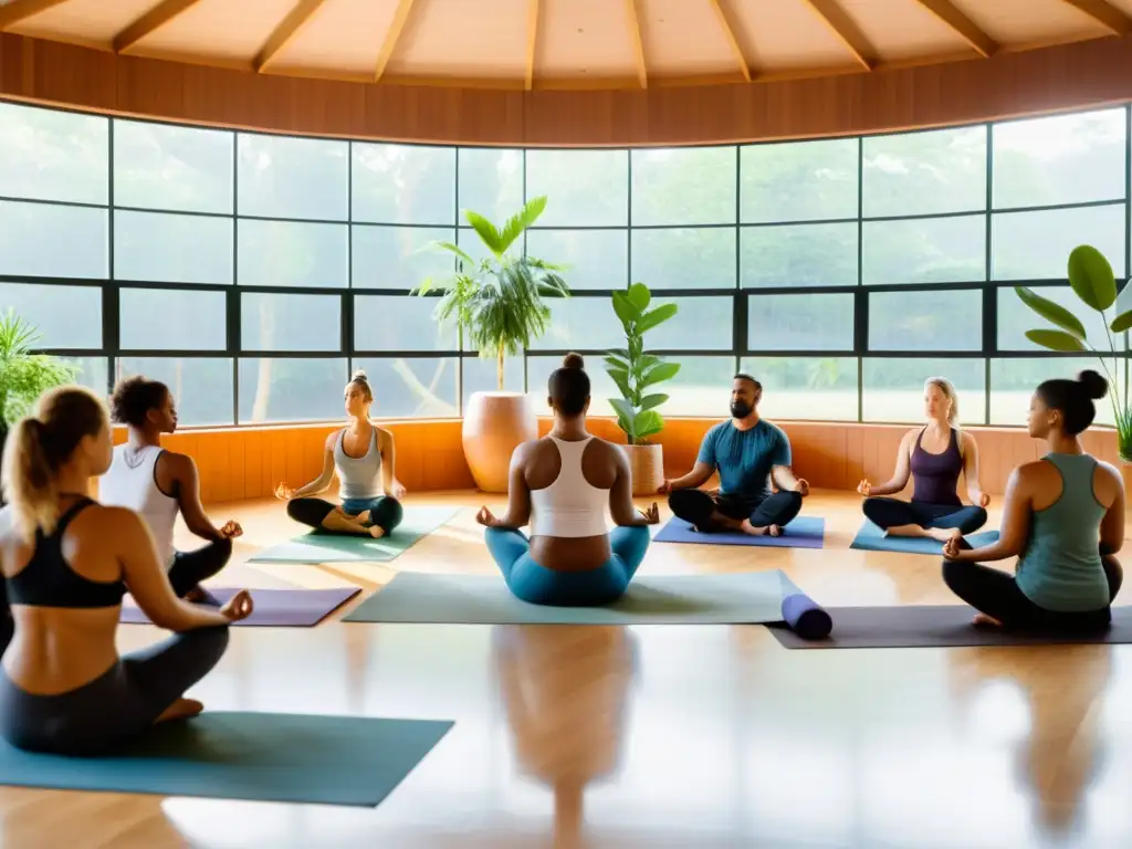 Grupo concentrado en taller de respiración y relajación en estudio de yoga con luz natural