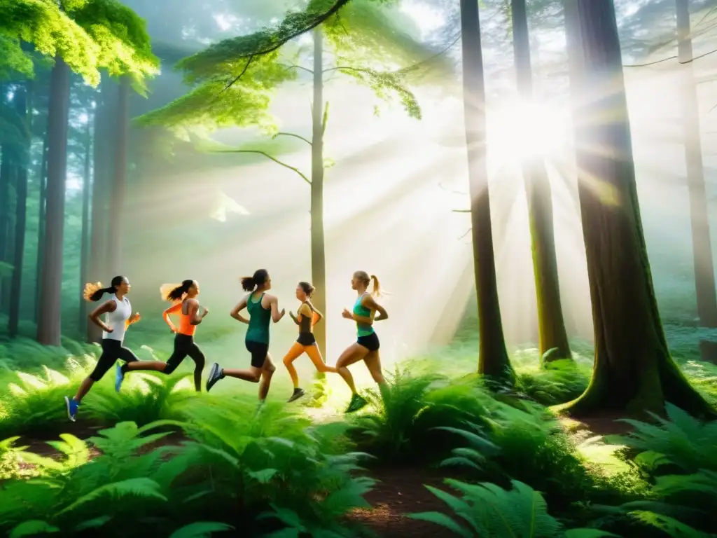 Grupo de corredores practicando ejercicios respiratorios en un bosque exuberante, conectando con la naturaleza y su vitalidad