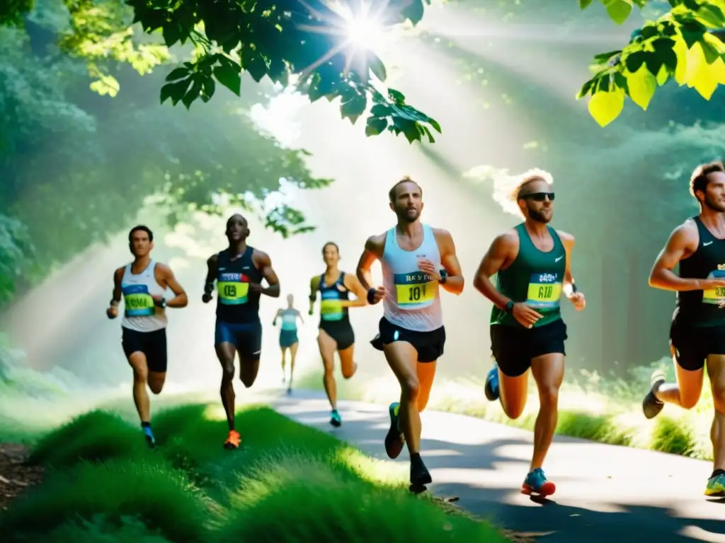 Corredores de maratón en plena acción: respiración diafragmática en la naturaleza Grupo de corredores de maratón en plena acción, respiración diafragmática en plena naturaleza