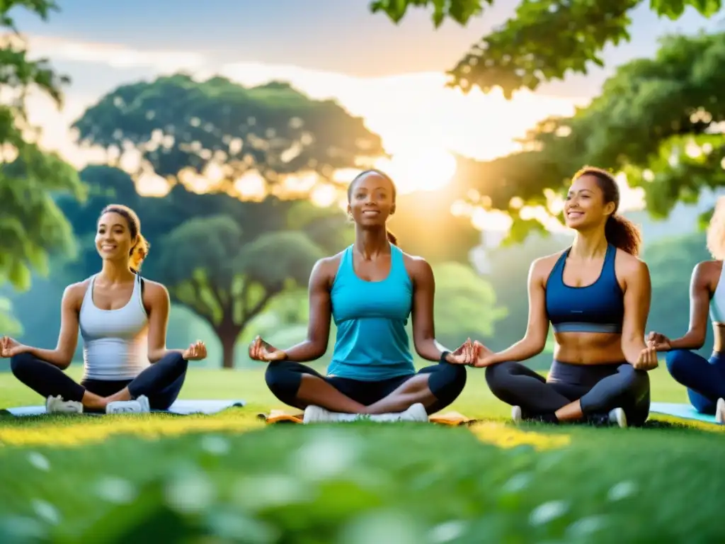 Grupo diverso disfruta de actividades al aire libre al atardecer en un parque