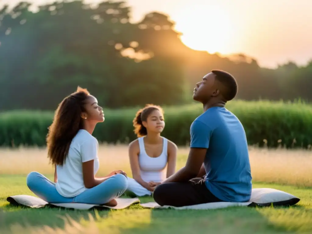 Grupo diverso de adolescentes practicando respiración controlada para reducir ansiedad en un campo al atardecer