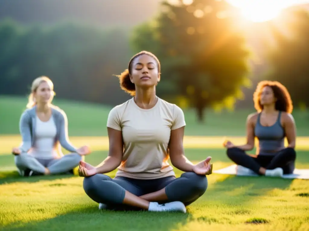 Un grupo diverso de adultos practica ejercicios de respiración en un campo al atardecer, con guías ofreciendo apoyo