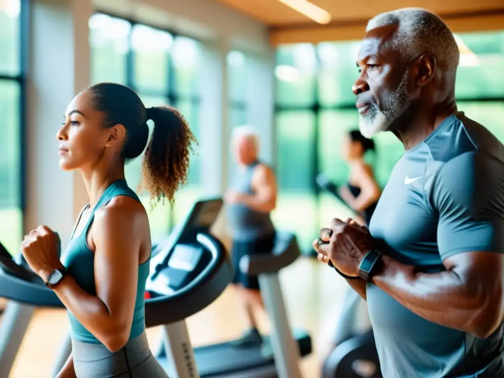 Un grupo diverso de adultos mayores realizan técnicas para fortalecer sus pulmones en un gimnasio moderno y sereno, bajo la guía de un instructor