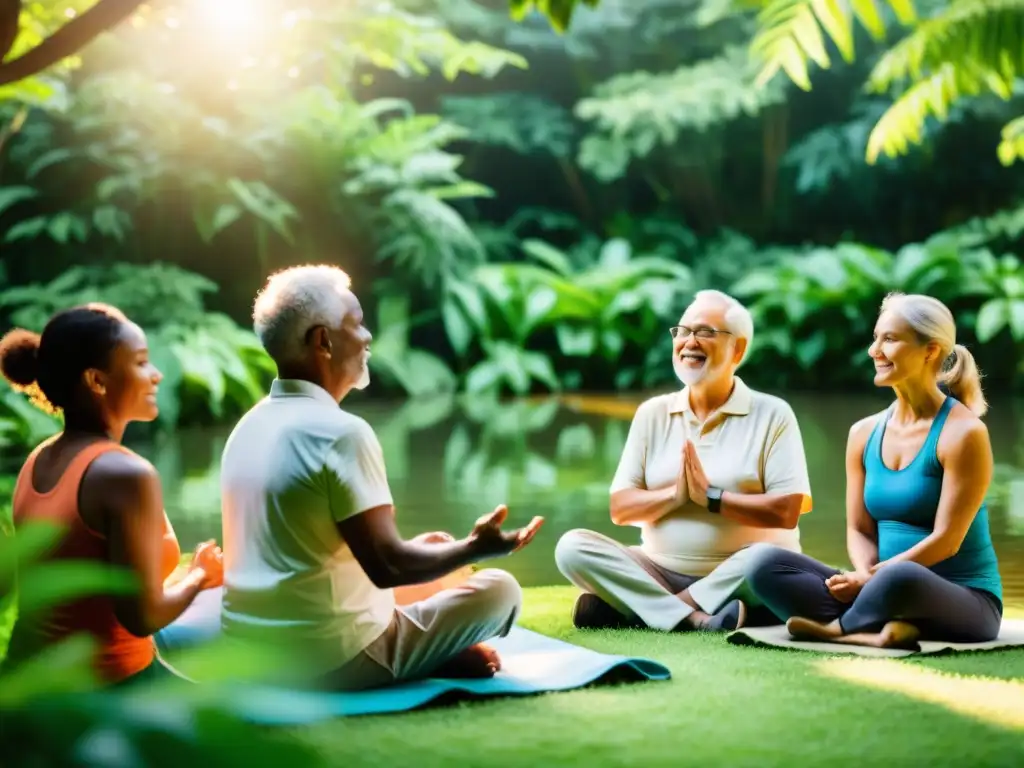 Un grupo diverso de adultos mayores disfruta de estrategias respiratorias para prevenir EPOC en un entorno natural sereno