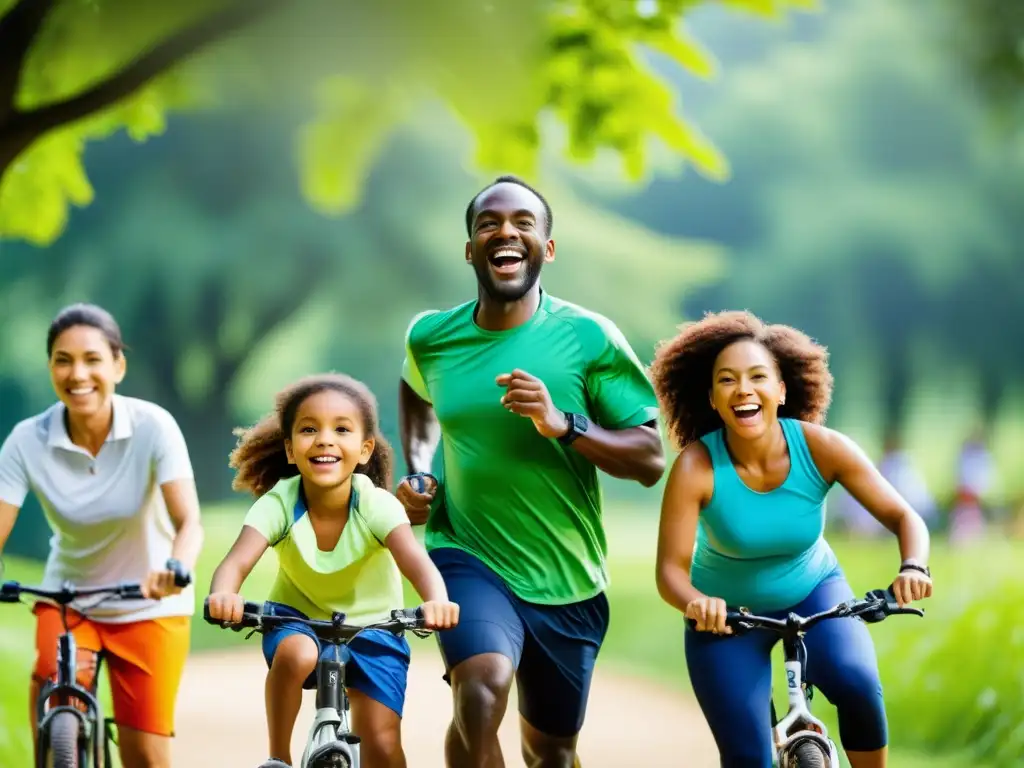 Grupo diverso de adultos y niños disfrutando actividades al aire libre en un parque, promoviendo la prevención del asma en adultos