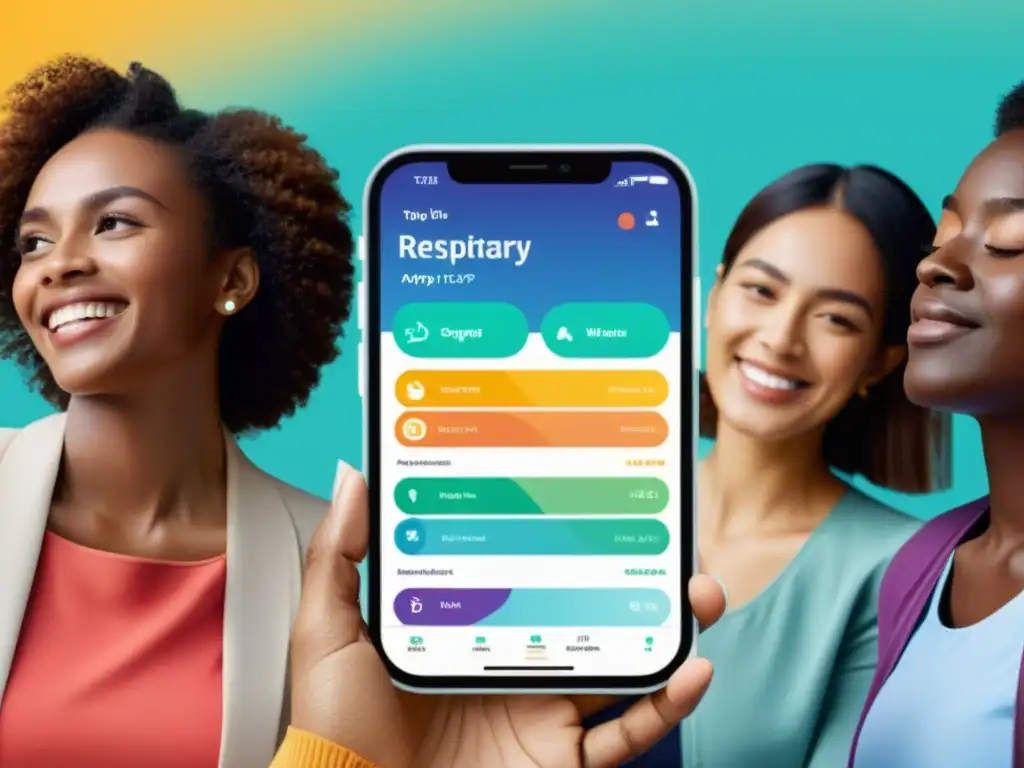 Grupo diverso usa app móvil de salud respiratoria en entorno sereno