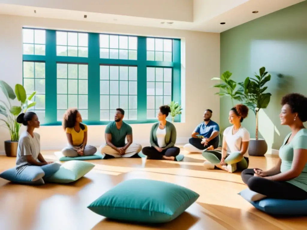 Grupo diverso practica mindfulness en aula moderna