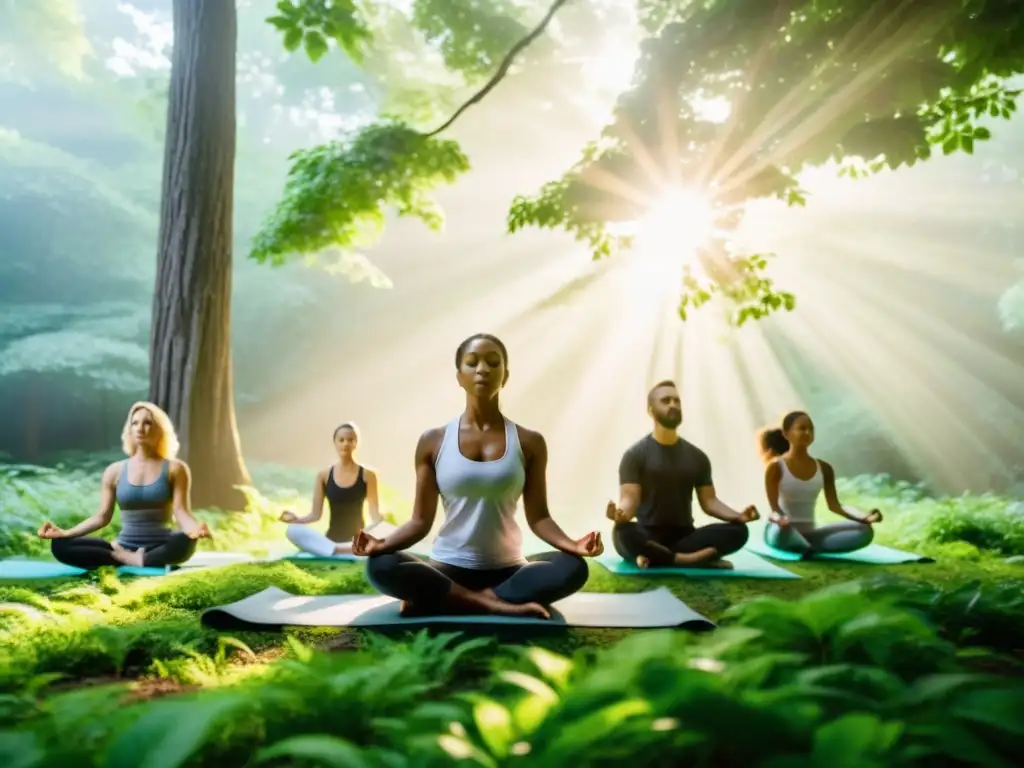 Un grupo diverso practica yoga en un bosque exuberante con el sol filtrándose entre las hojas, irradiando una cálida luz sobre la escena