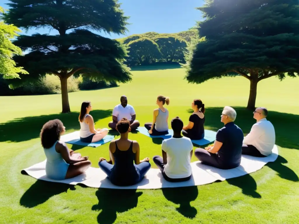 Grupo diverso en círculo practicando ejercicios de respiración consciente en un jardín