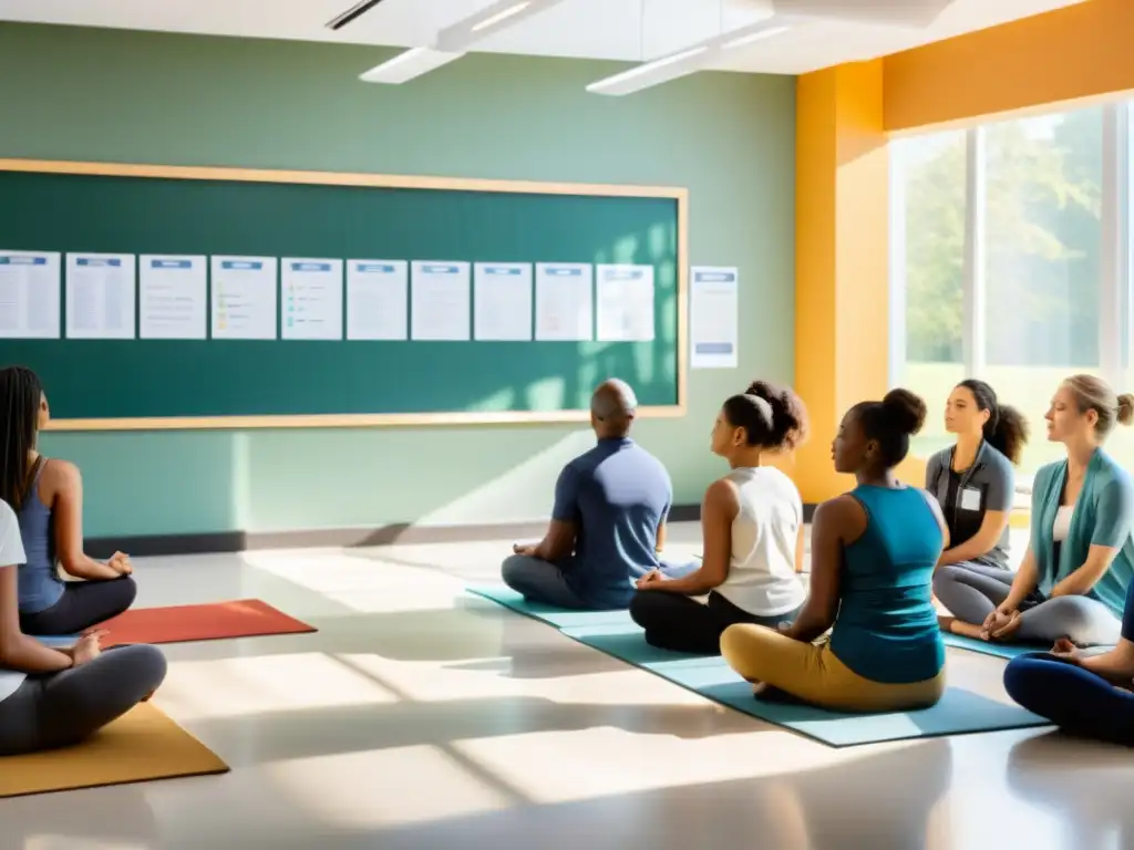 Grupo diverso en clase de manejo de ansiedad con ejercicios de respiración