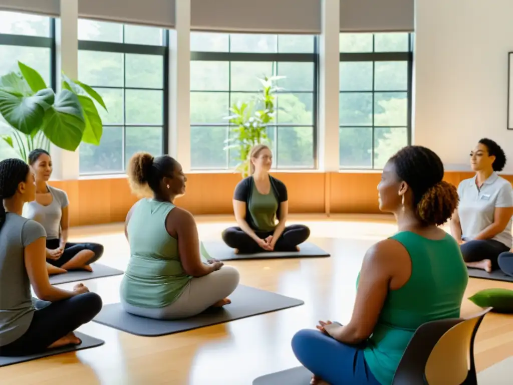 Grupo diverso en clase online manejo ansiedad respiración, con instructor y ambiente sereno de bienestar emocional