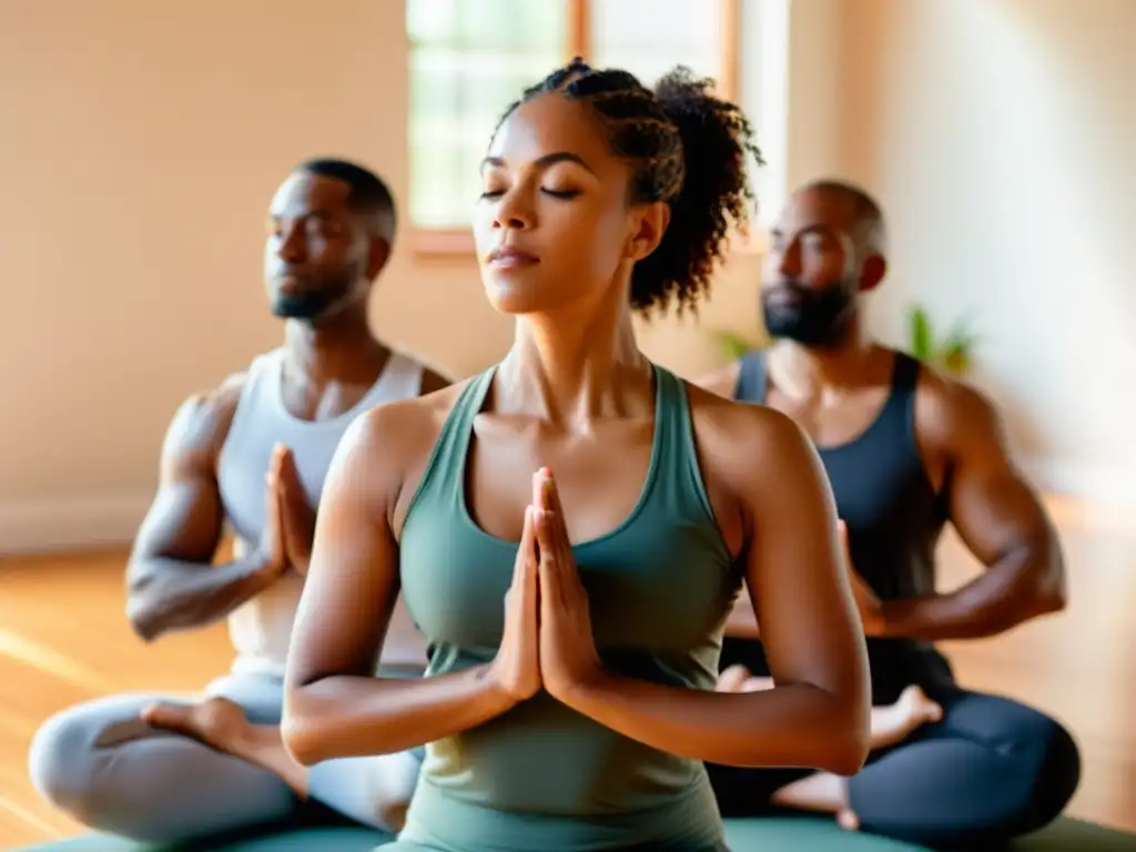 Un grupo diverso participa en una clase de respiración en un estudio de yoga, fomentando la conexión y el bienestar