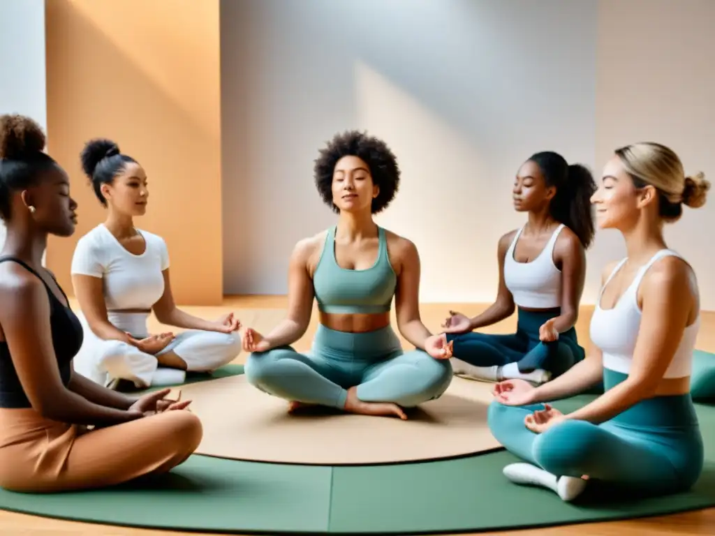 Grupo diverso de colaboradores de marcas practicando respiración consciente en un estudio moderno y luminoso, fomentando la unidad y la serenidad