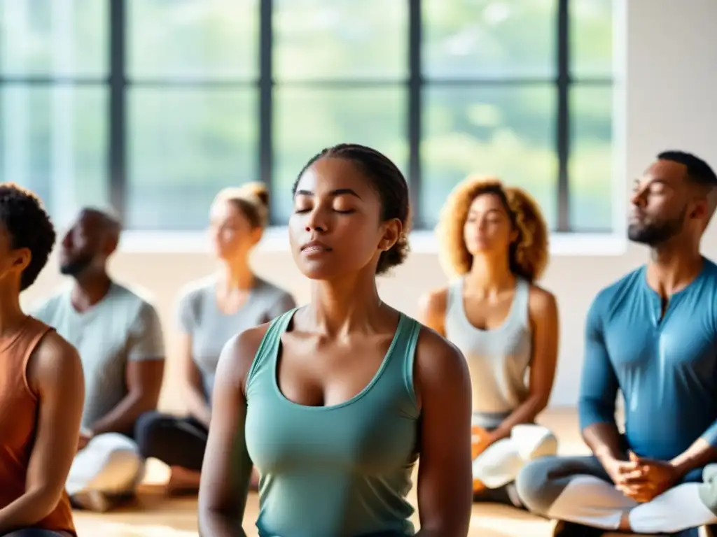 Grupo diverso practica respiración consciente en ambiente tranquilo con estrategia de marketing