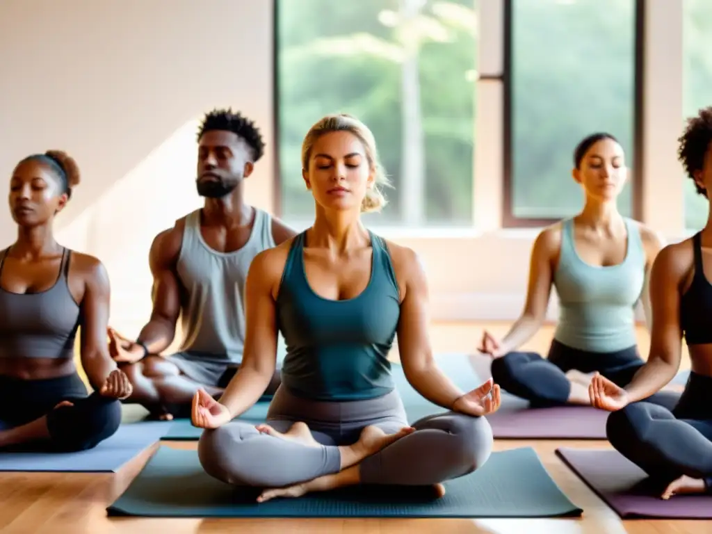 Grupo diverso practica respiración consciente en círculo de yoga, con luz natural y atmósfera serena