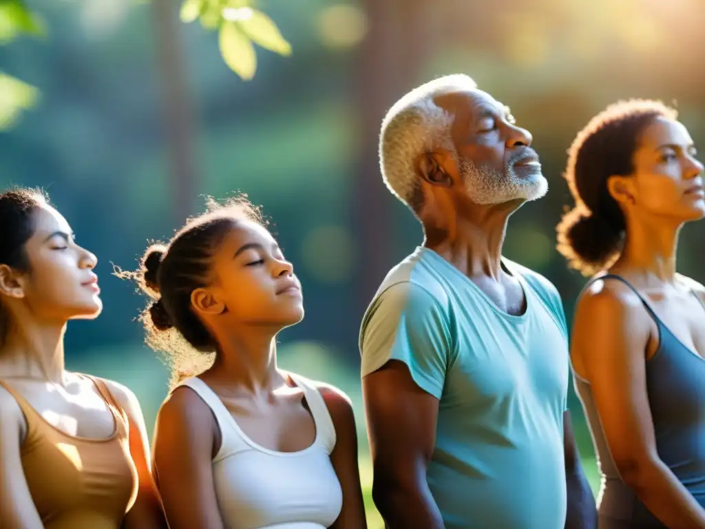 Grupo diverso practica respiración consciente en entorno sereno y soleado, mostrando conexión y calma