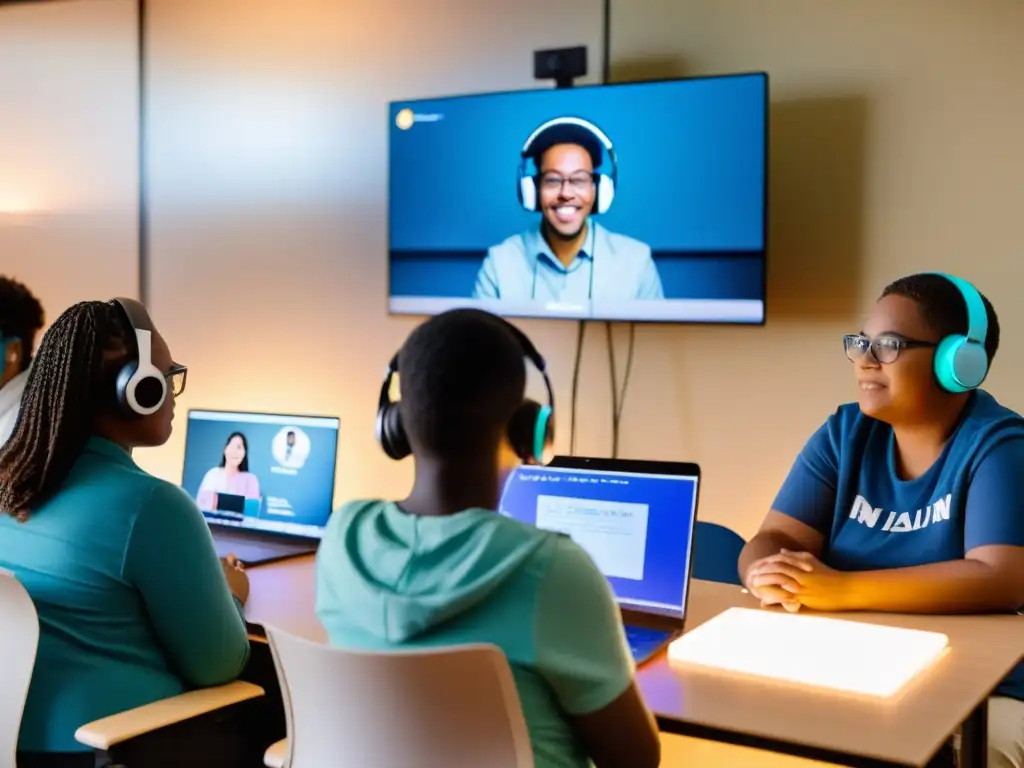 Grupo diverso de estudiantes con discapacidades participando en una clase virtual de respiración guiada, creando un ambiente inclusivo y sereno