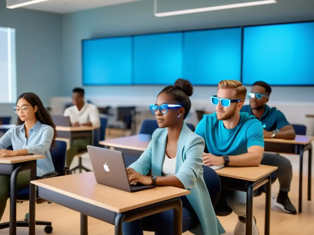 Grupo diverso de estudiantes con hábitos saludables para mejorar salud ocular en un aula moderna y bien iluminada