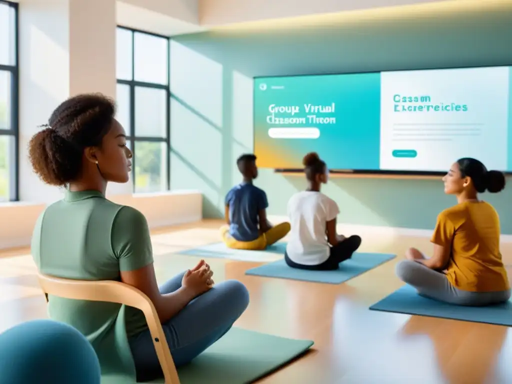 Grupo diverso de estudiantes en pausa activa de respiración en un aula virtual, disfrutando de los beneficios de la calma y enfoque del elearning