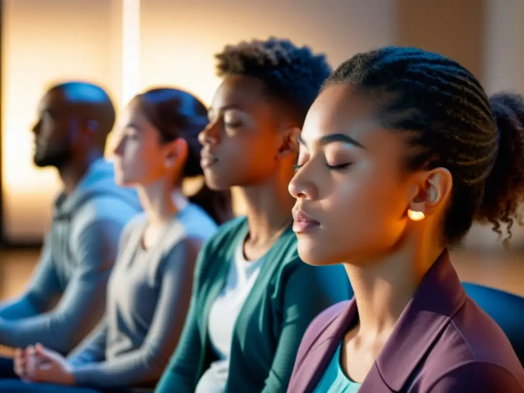 Grupo diverso de estudiantes practicando respiración consciente para combatir estrés en un aula virtual serena y acogedora