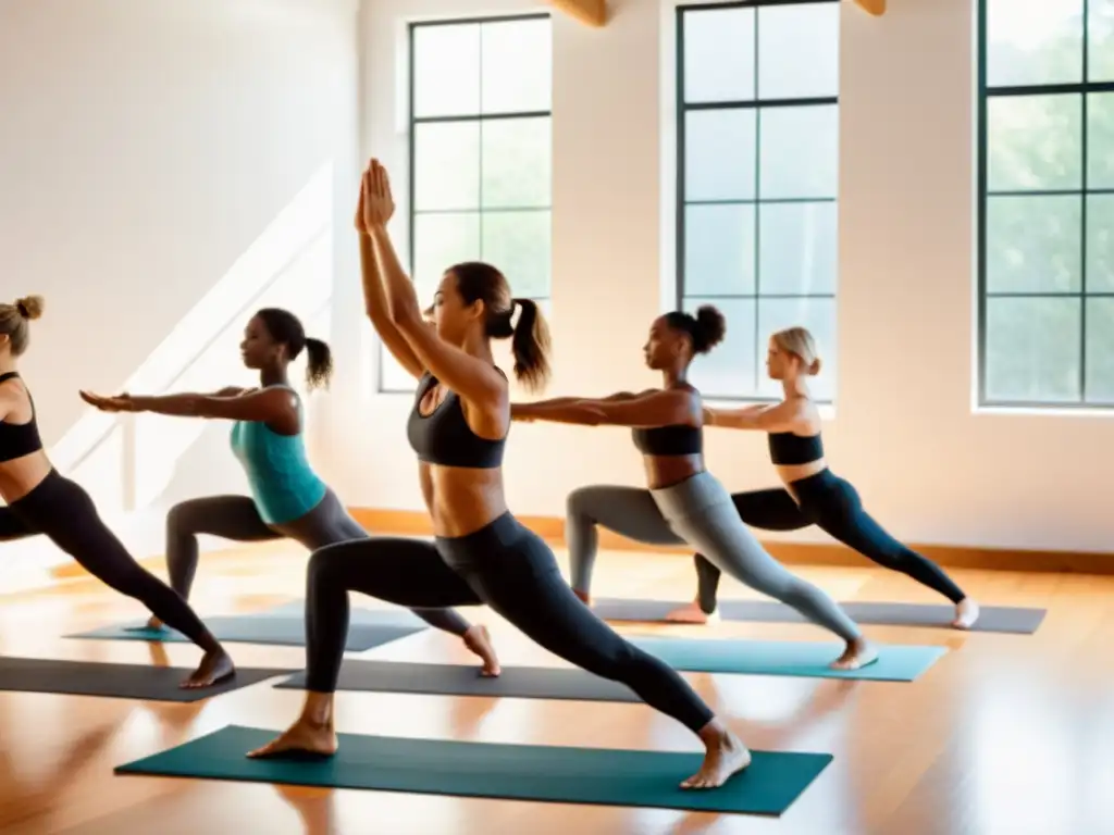 Grupo diverso practica yoga en un estudio luminoso, reflejando flexibilidad y calma