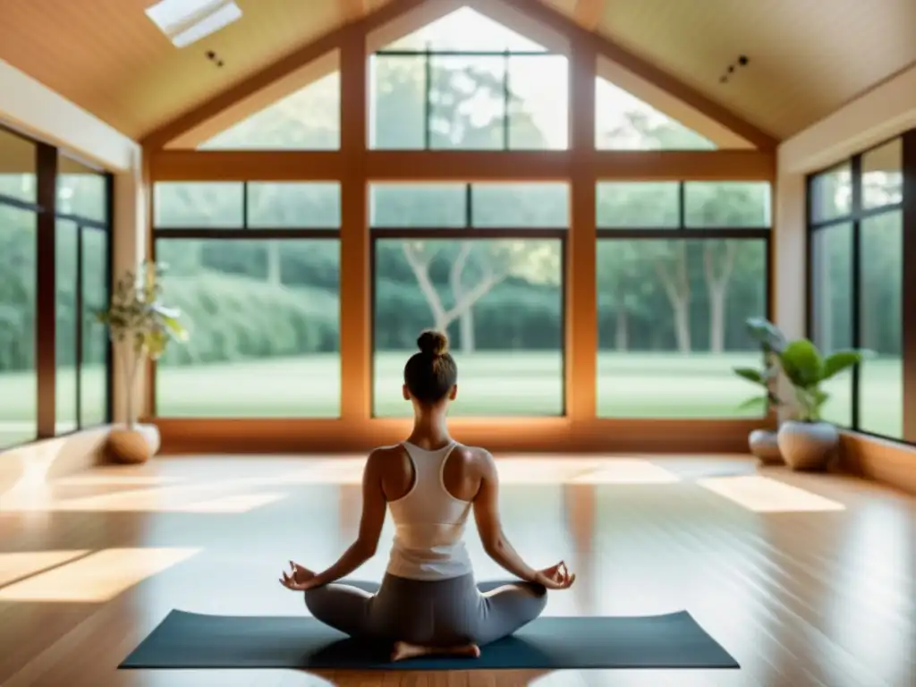 Grupo diverso practica yoga en estudio moderno con vista a jardín tranquilo