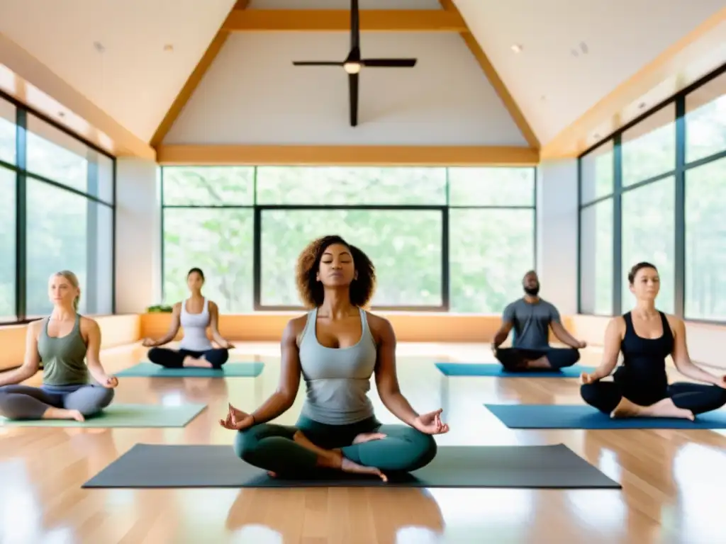 Grupo diverso practica pranayama en estudio de yoga, transmitiendo serenidad y beneficios pranayama yoga respiración