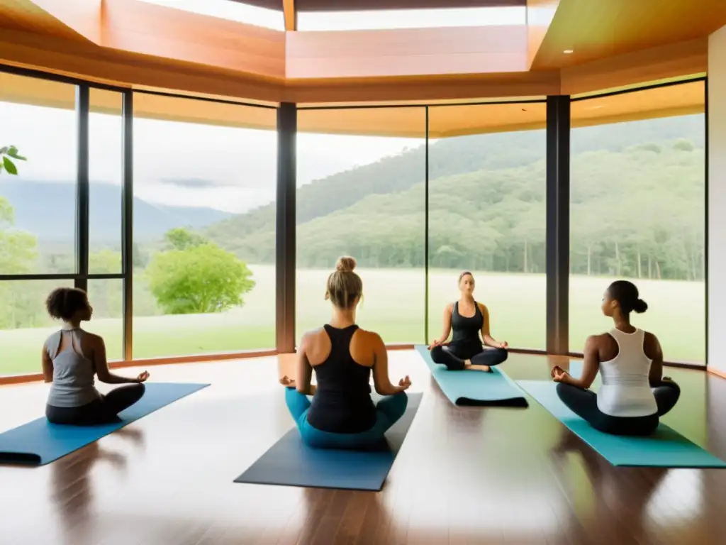 Grupo diverso practica yoga en estudio con vista a la naturaleza