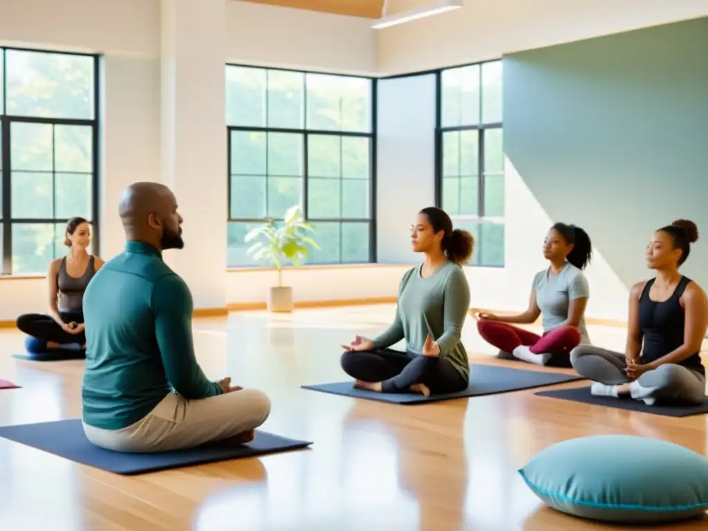 Grupo diverso en evento de respiración consciente en aula moderna iluminada por luz natural