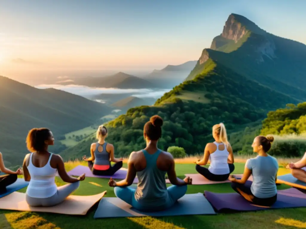 Grupo diverso practicando fundamentos de la respiración consciente en retiro de yoga de montaña al amanecer, creando paz y armonía