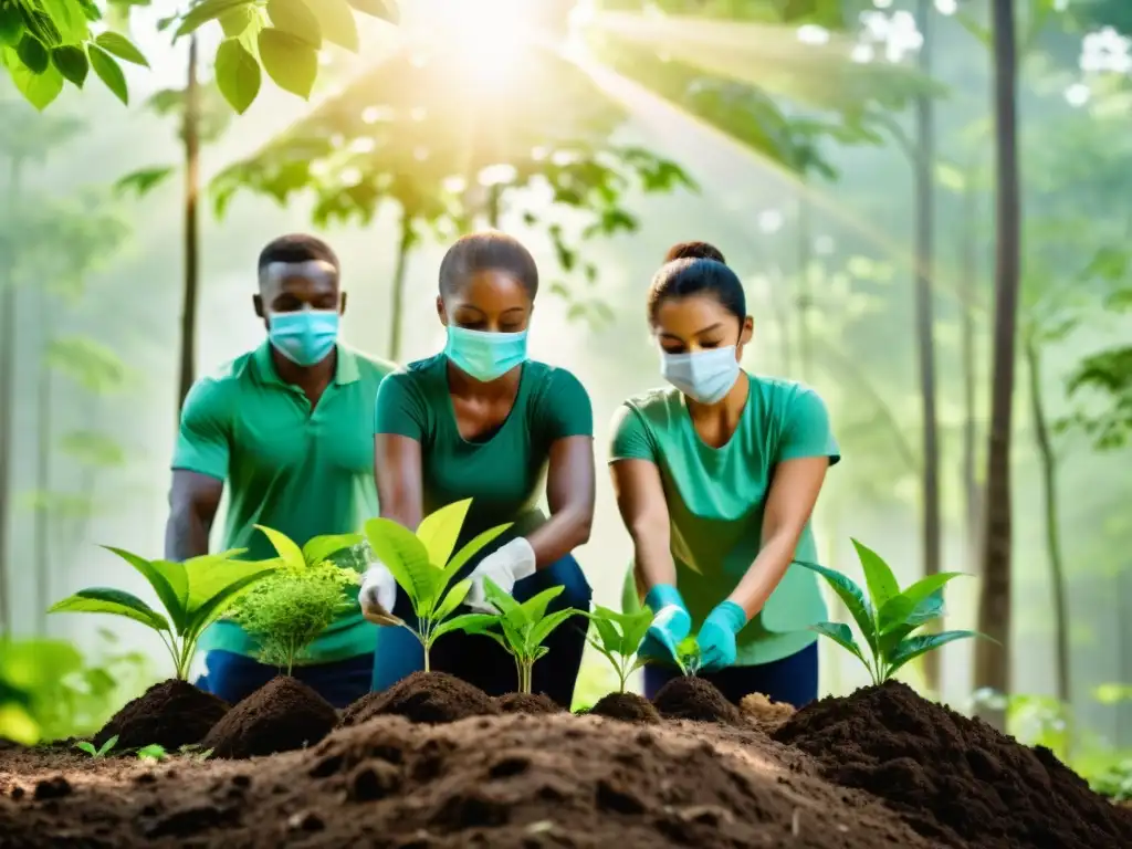 Un grupo diverso usando mascarillas planta árboles en un bosque frondoso, mostrando unidad y determinación