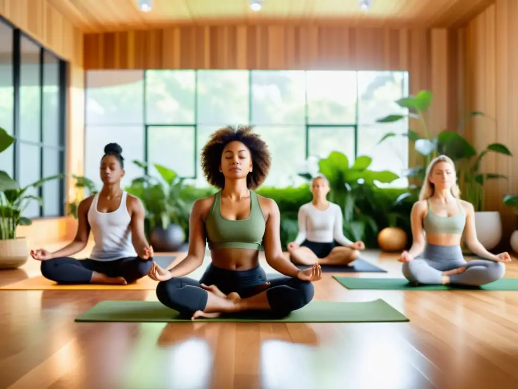 Un grupo diverso practicando mindfulness y respiración consciente en un estudio moderno y acogedor, con plantas verdes y luz suave