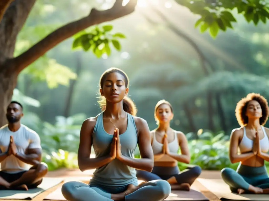 Un grupo diverso practica yoga y meditación en la naturaleza, transmitiendo serenidad y calma