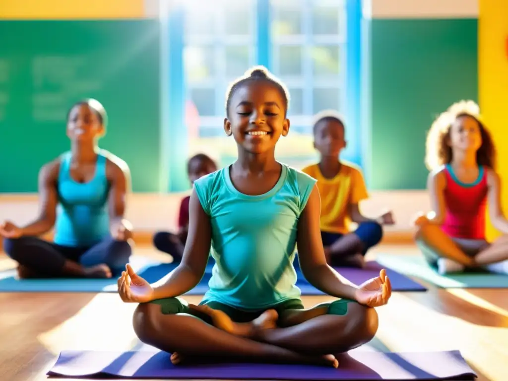 Un grupo diverso de niños practica pranayama en un aula colorida, guiados por su profesor