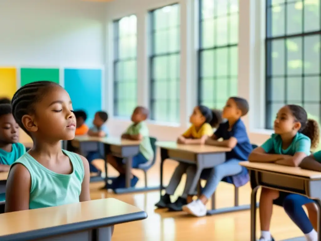 Clase de mindfulness para niños: respiración consciente Grupo diverso de niños en clase practicando respiración para controlar TDAH en niños, en un ambiente sereno y moderno con luz natural