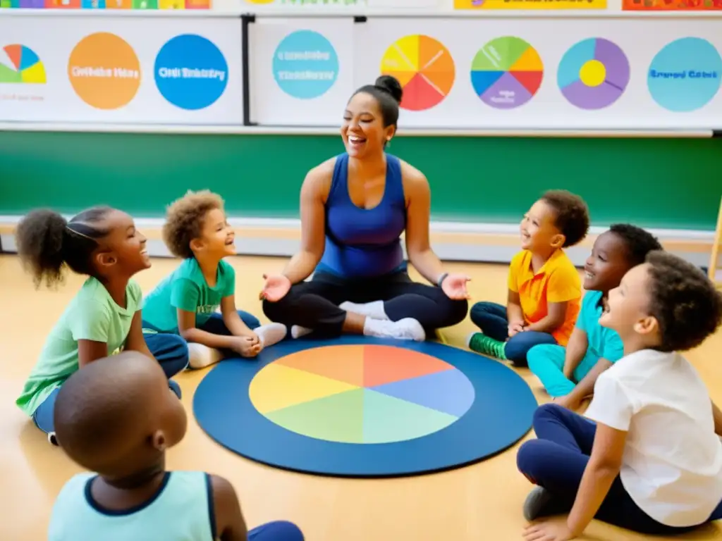 Grupo diverso de niños participando en una divertida y educativa técnica de respiración guiados por un instructor en un aula moderna y luminosa