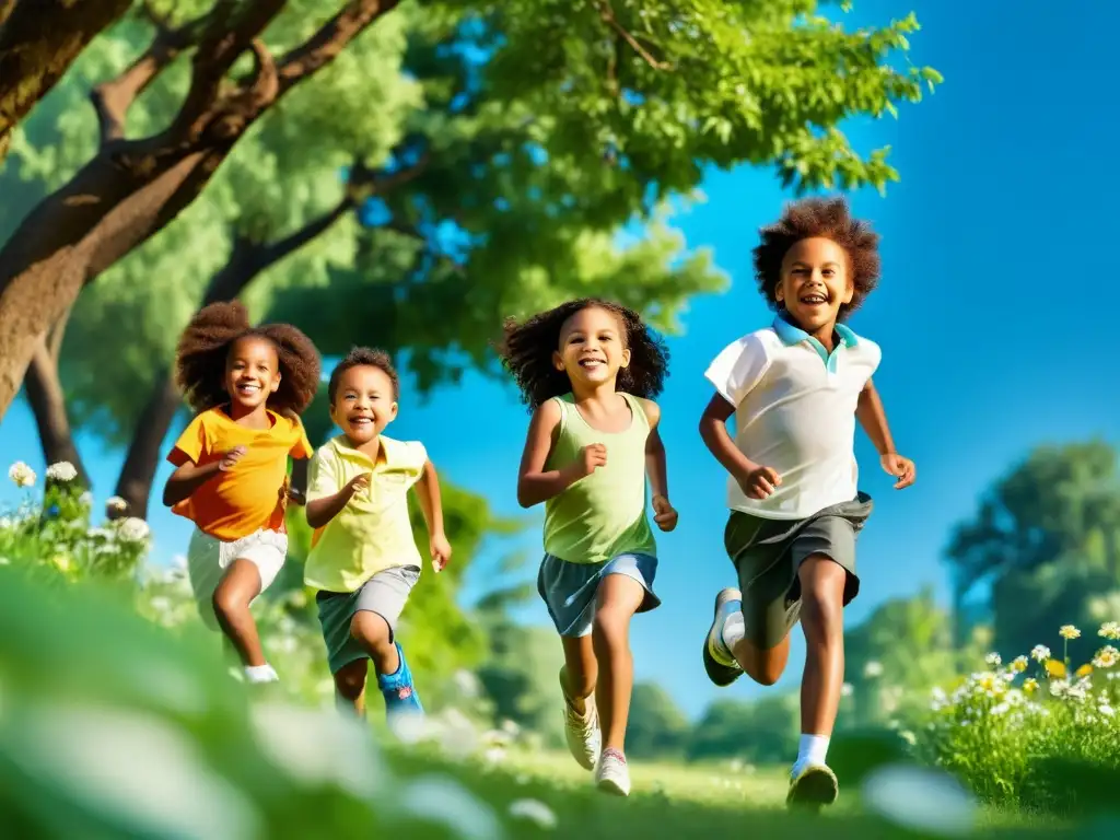 Un grupo diverso de niños felices y saludables juega al aire libre en un entorno limpio y verde bajo un cielo azul