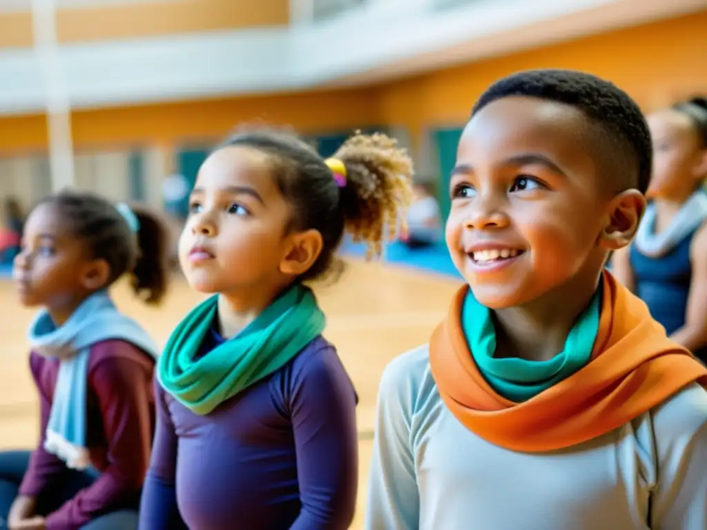 Grupo diverso de niños en gimnasio realizando ejercicios respiratorios educación física infantil, con entusiasmo y alegría en sus rostros