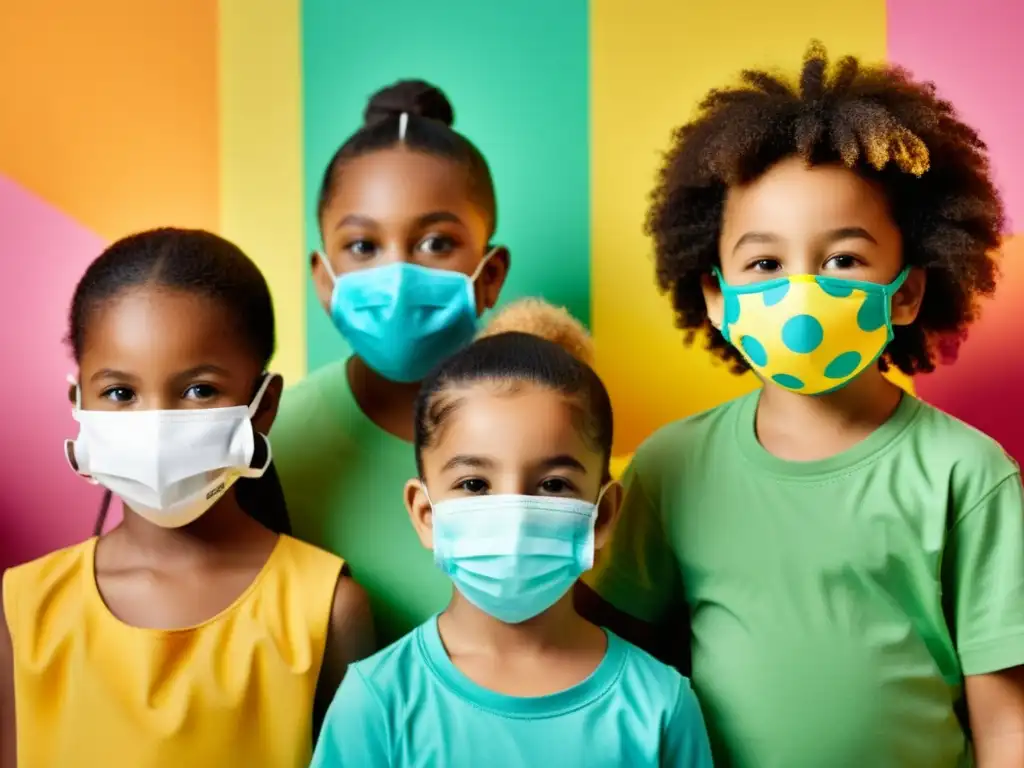 Un grupo diverso de niños usando máscaras de protección respiratoria coloridas y alegres, diseñadas específicamente para niños