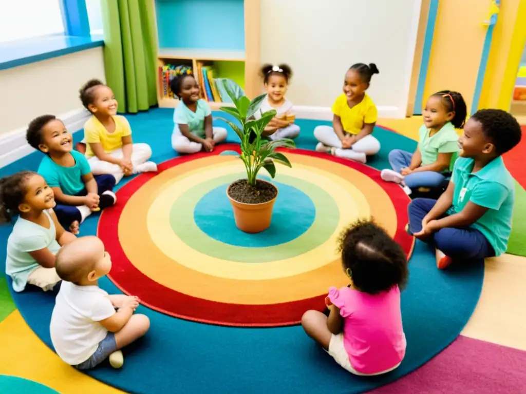 Grupo diverso de niños preescolares sonrientes en círculo con plantas, aprendiendo técnicas de respiración