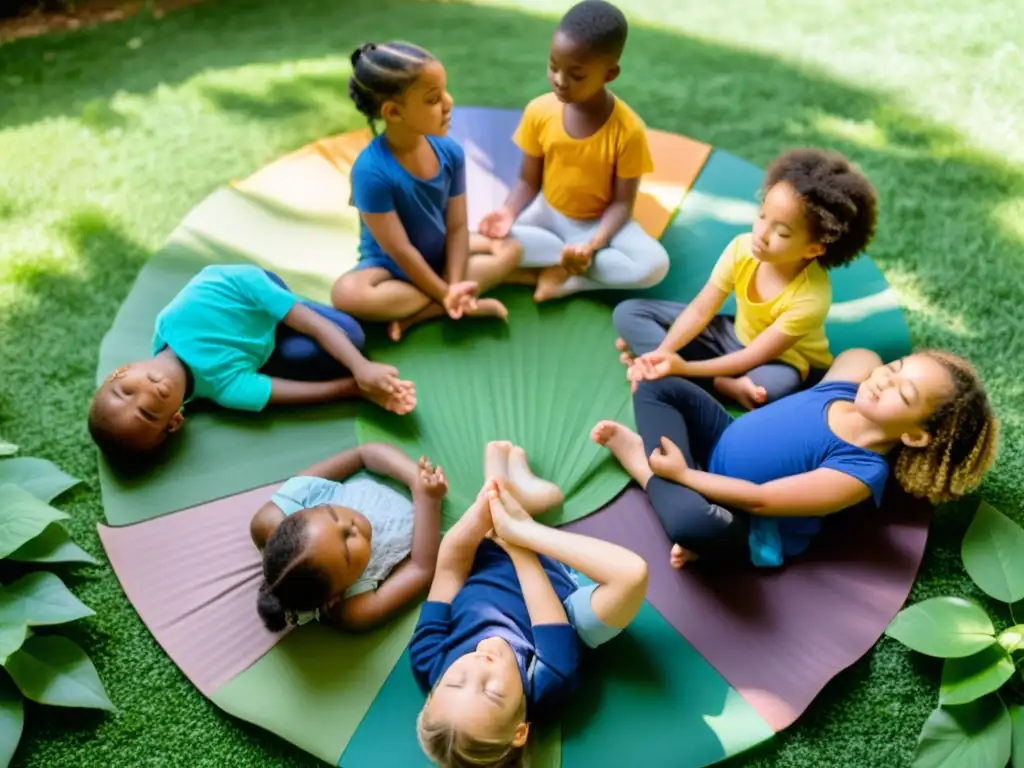 Grupo diverso de niños practicando respiración consciente en círculo sobre esterillas de yoga en un entorno natural sereno y enriquecedor