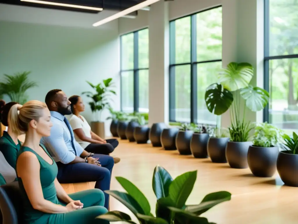 Grupo diverso en oficina contemporánea practica técnicas de respiración para aumentar productividad