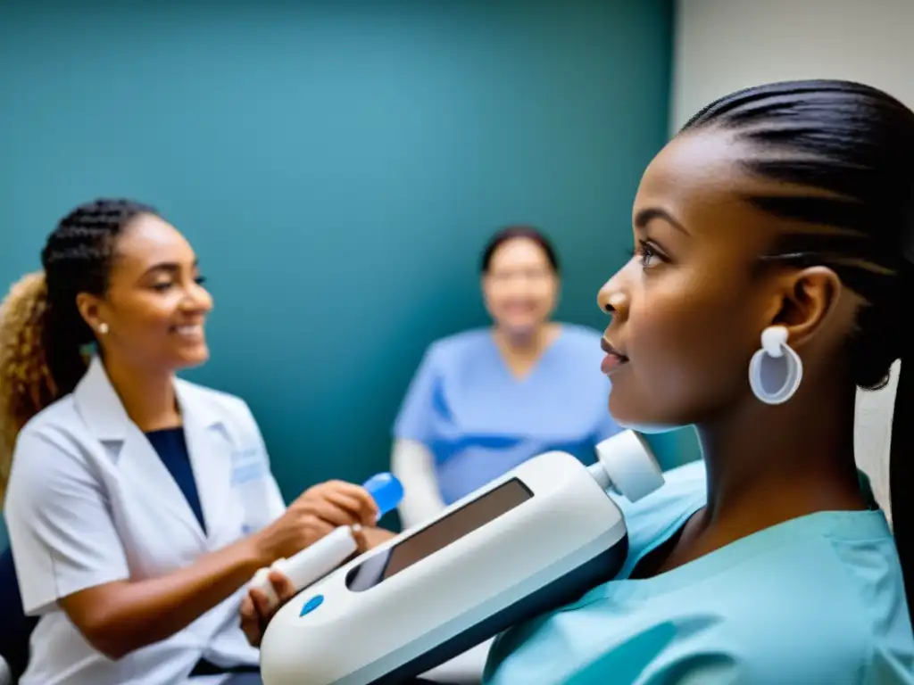 Grupo diverso de pacientes con distrofia muscular usando dispositivo moderno de asistencia para tos, acompañados por profesionales médicos