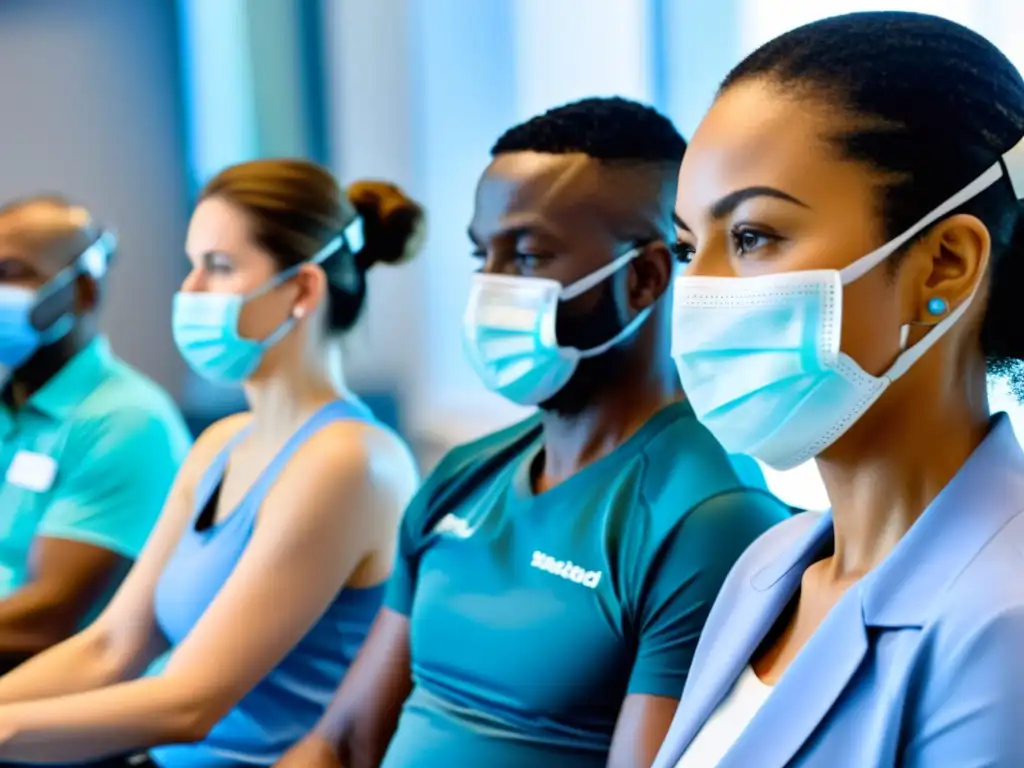 Grupo diverso de pacientes postCOVID19 usando la máquina de ejercicios respiratorios RespiFit en un centro de rehabilitación moderno y brillante