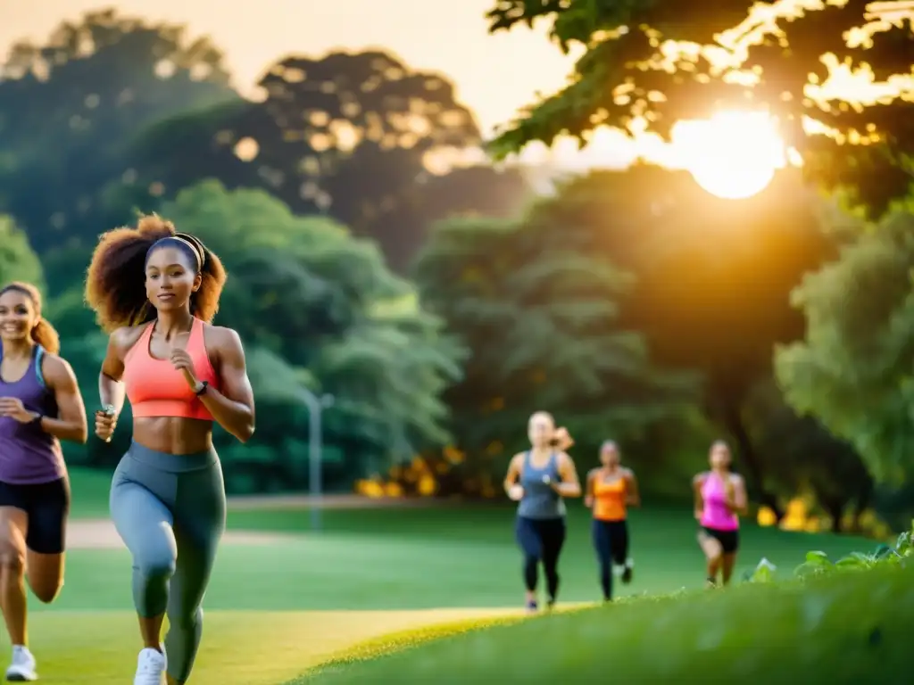 Un grupo diverso de personas se ejercita al aire libre al atardecer, en un parque