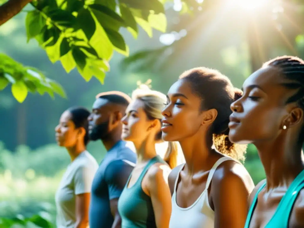 Un grupo diverso de personas haciendo ejercicio al aire libre, rodeados de vegetación exuberante y disfrutando del cálido resplandor del sol