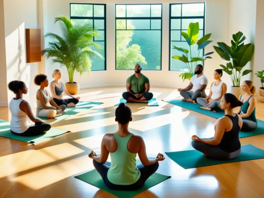 Un grupo diverso de personas practica ejercicios de respiración en un estudio sereno y soleado, guiados por un instructor