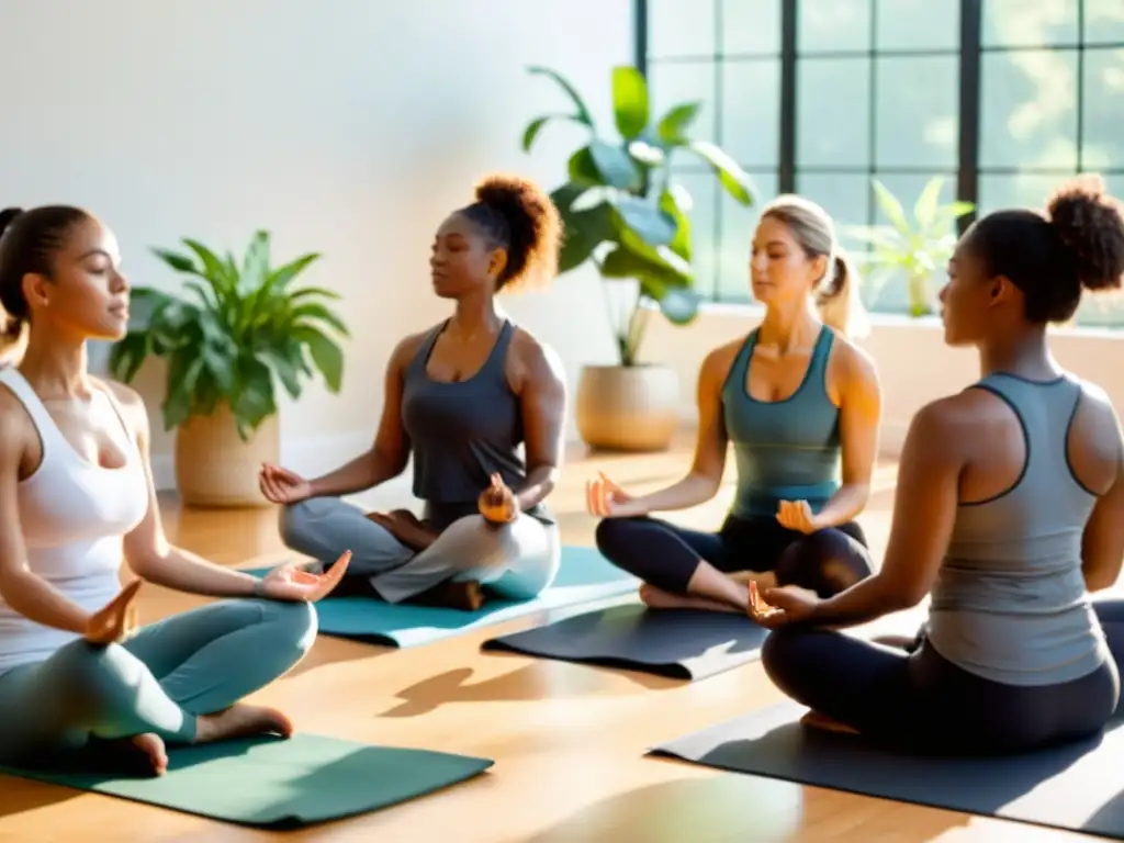 Un grupo diverso de personas practicando ejercicios de respiración guiados en un estudio lleno de luz natural y plantas