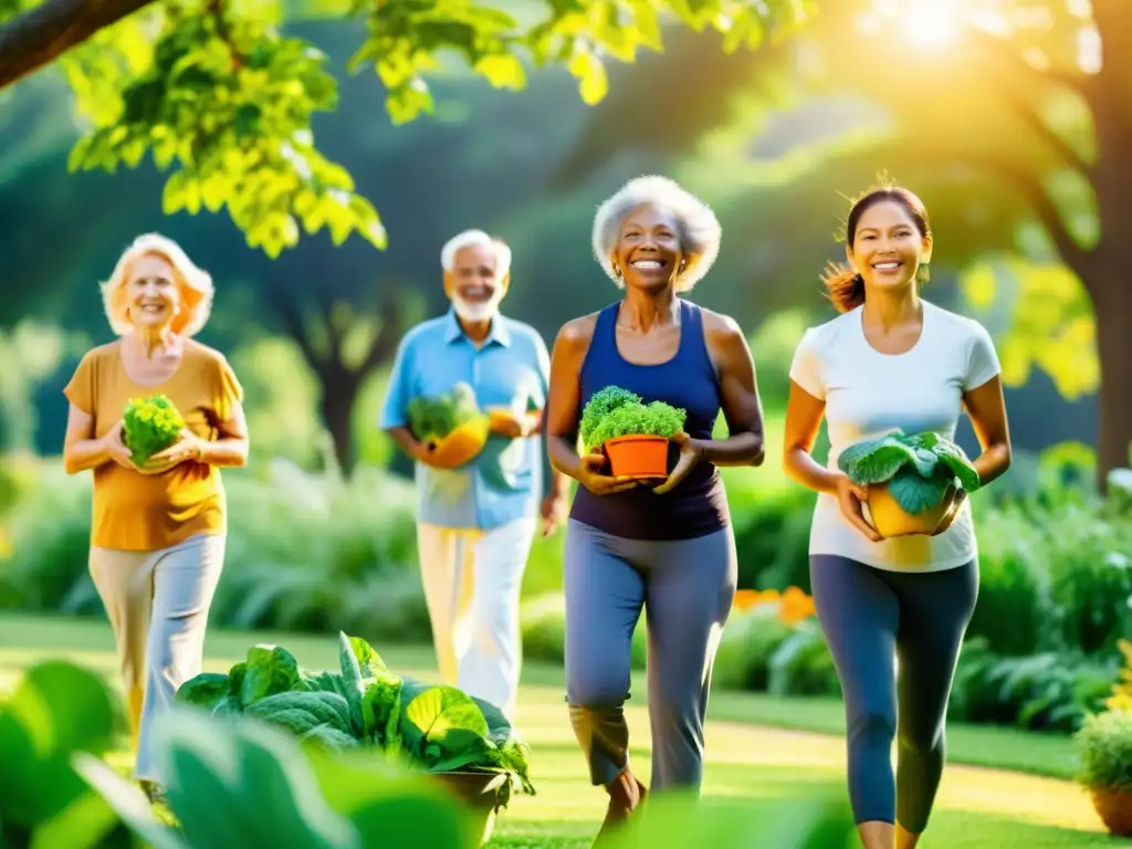 Un grupo diverso de personas mayores disfruta de actividades al aire libre en un parque vibrante, sosteniendo frutas y verduras